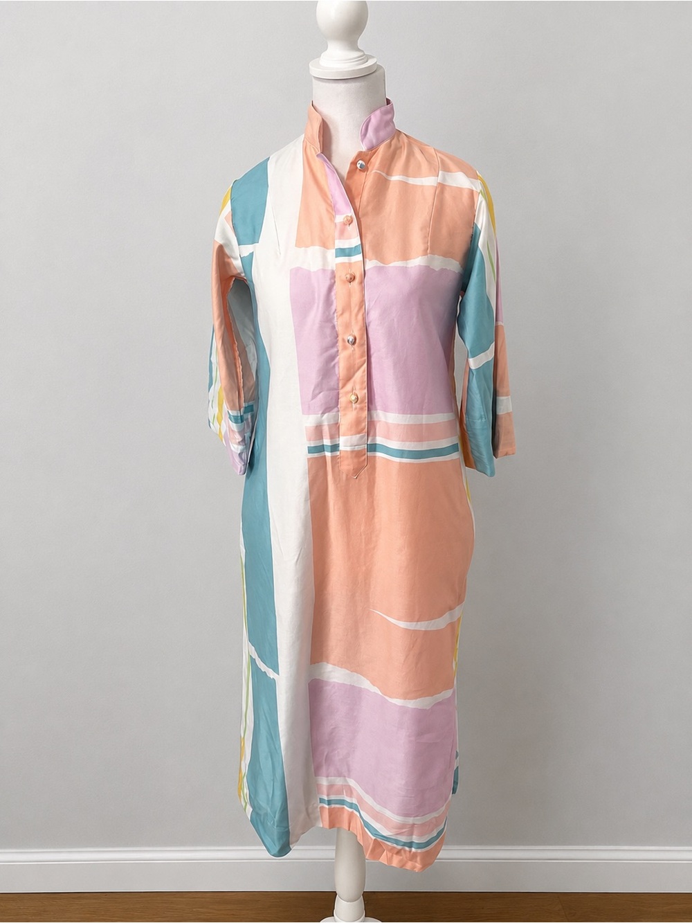 Catherine Ogust Penthouse Gallery Pastel Print Dress Caftan Vintage 80s XS